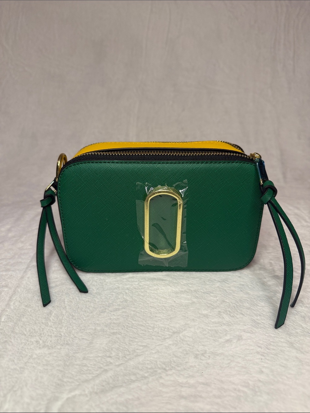 Green, Brown and Yellow Crossbody Camera Bag with Gold Accent
